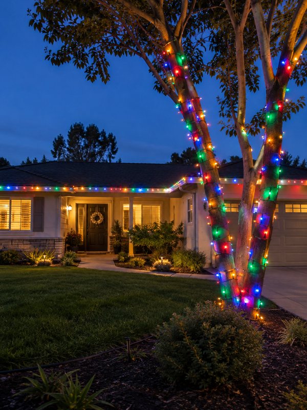 Home after Christmas light installation: colour roofline & trees