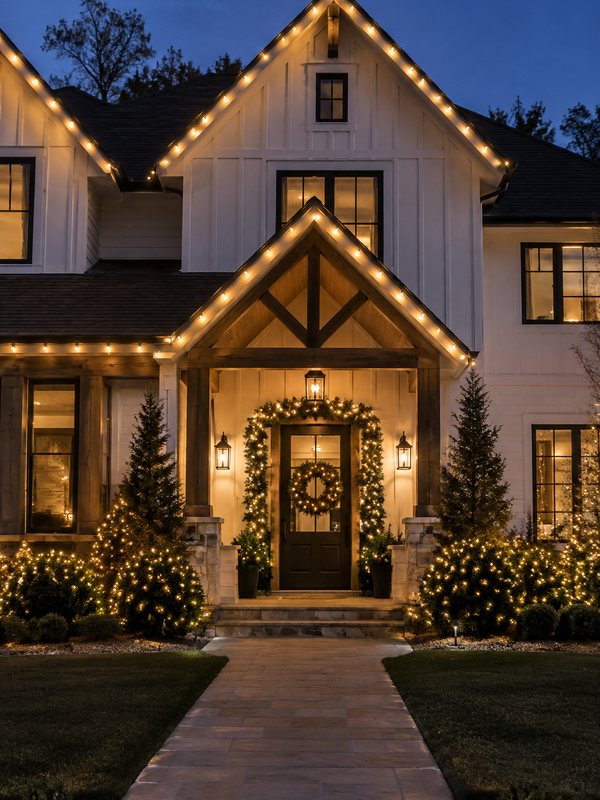 Home after Christmas light installation: gables & entry garland
