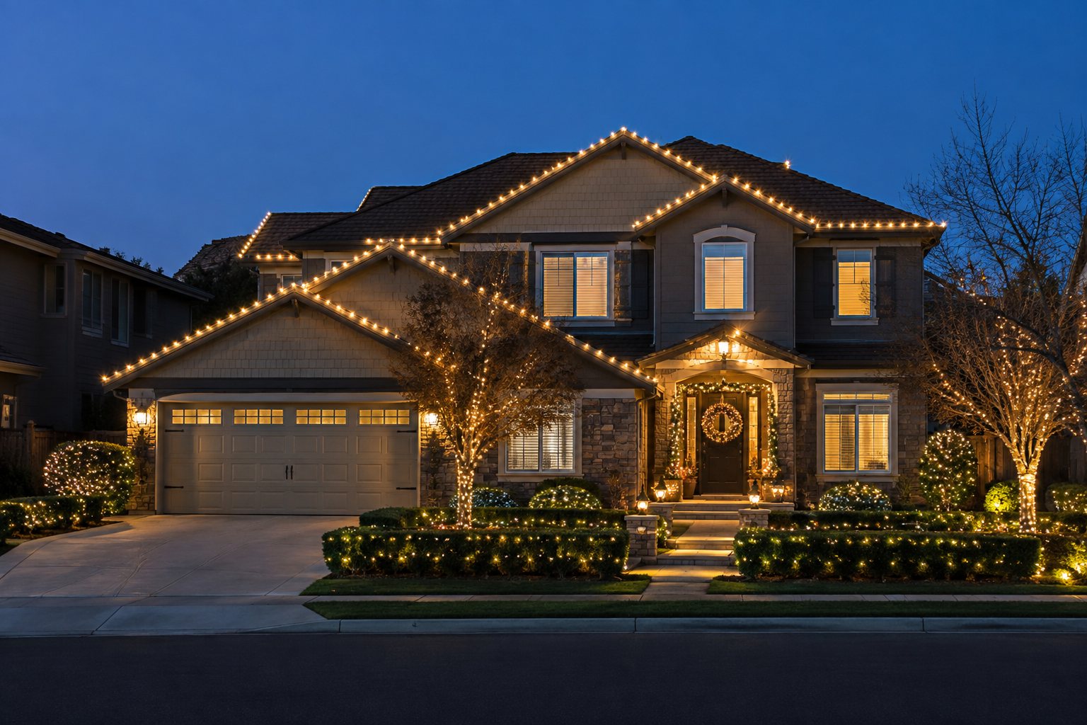 Two-story home with warm white roofline lights