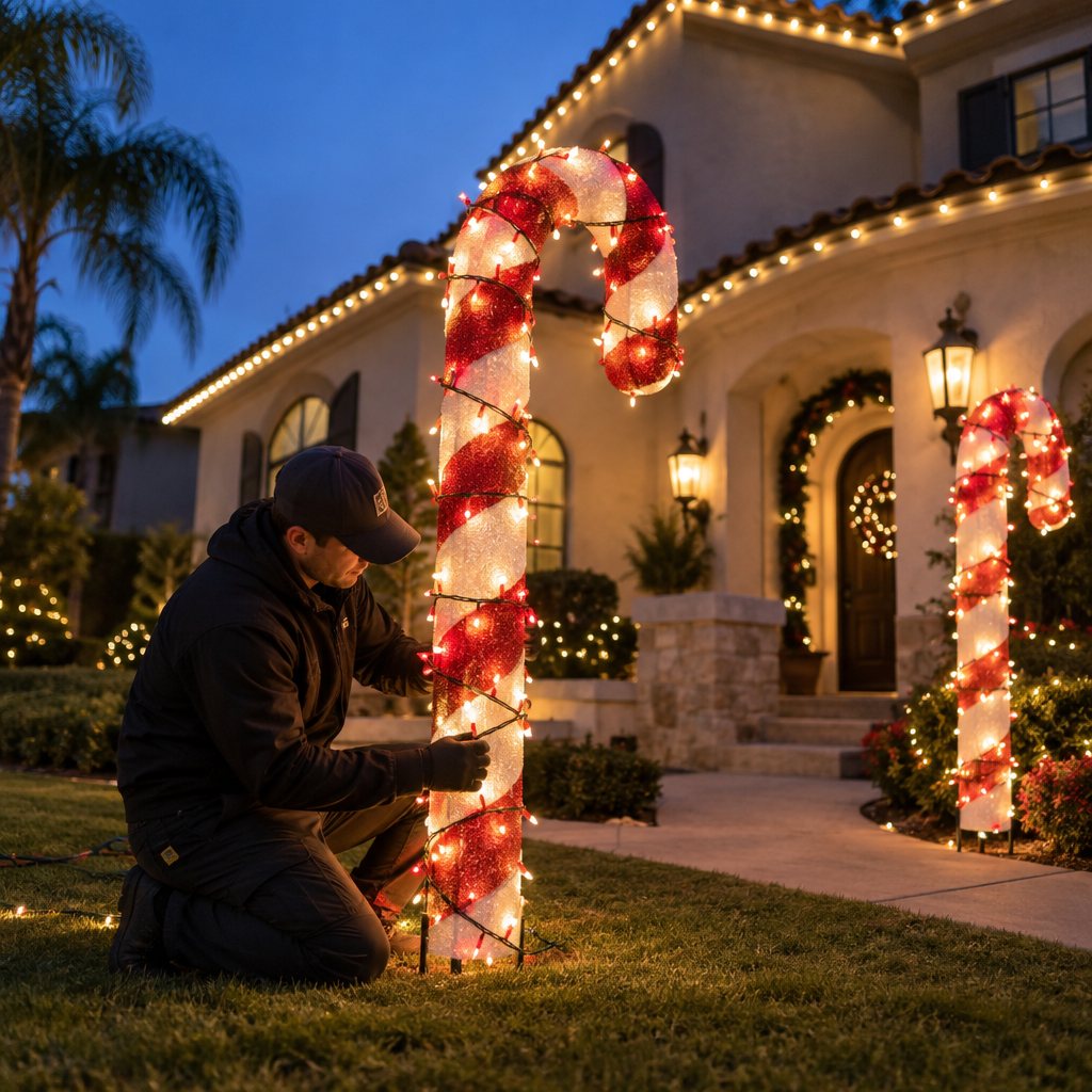 Christmas light installer wrapping a giant lit candy cane