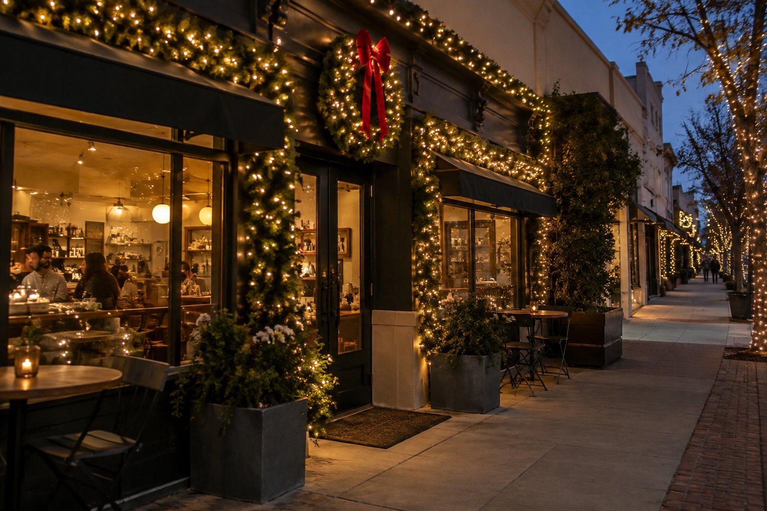 Storefront decorated with commercial holiday lighting
