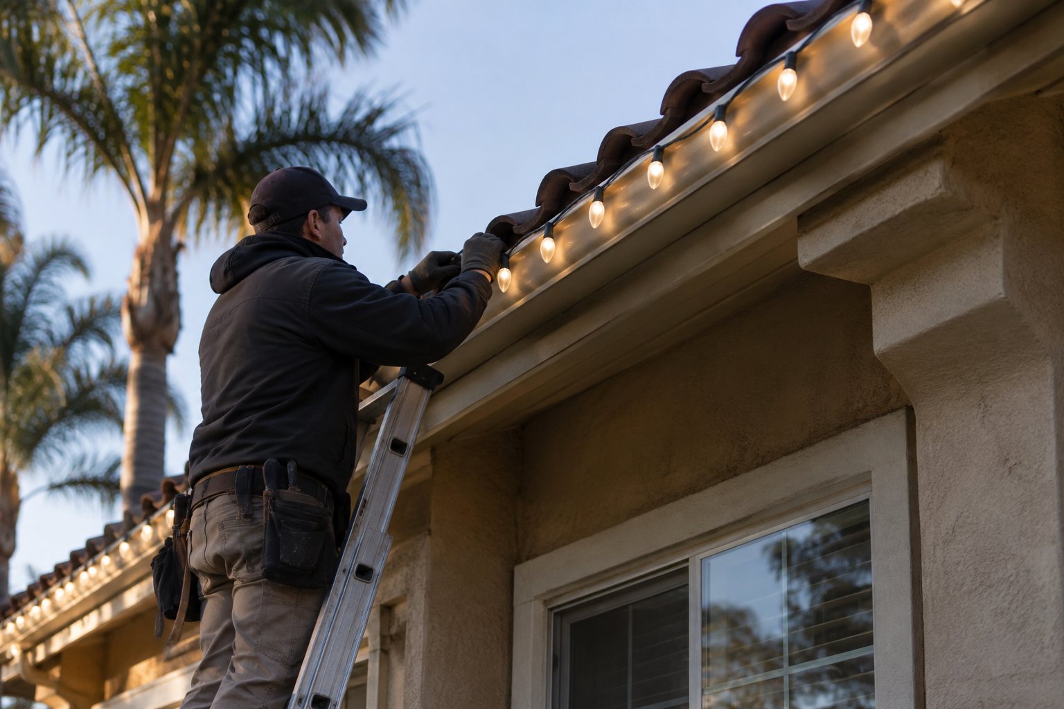Installer hanging Christmas lights on a San Jose home