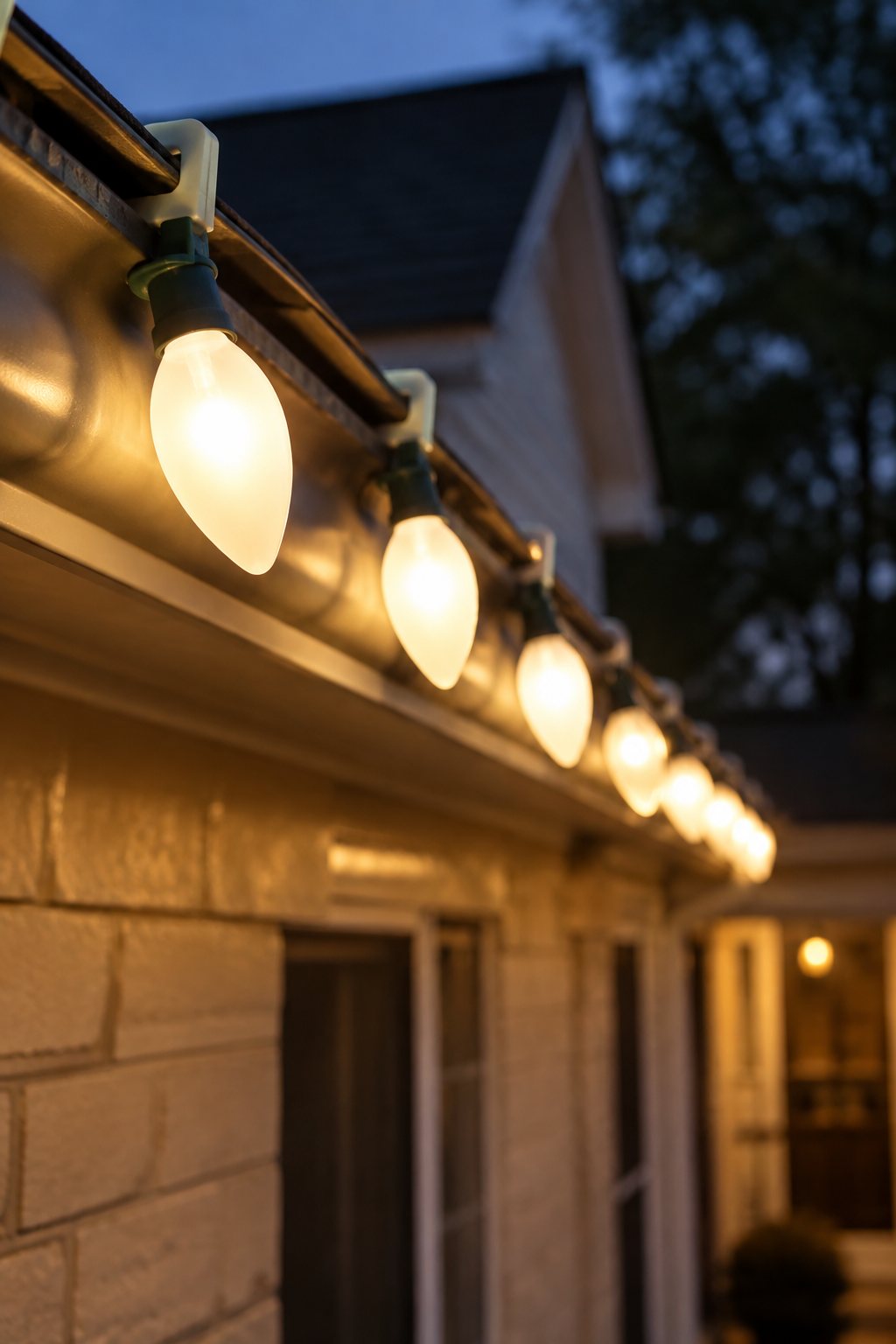 Warm white C9 bulbs on a roofline